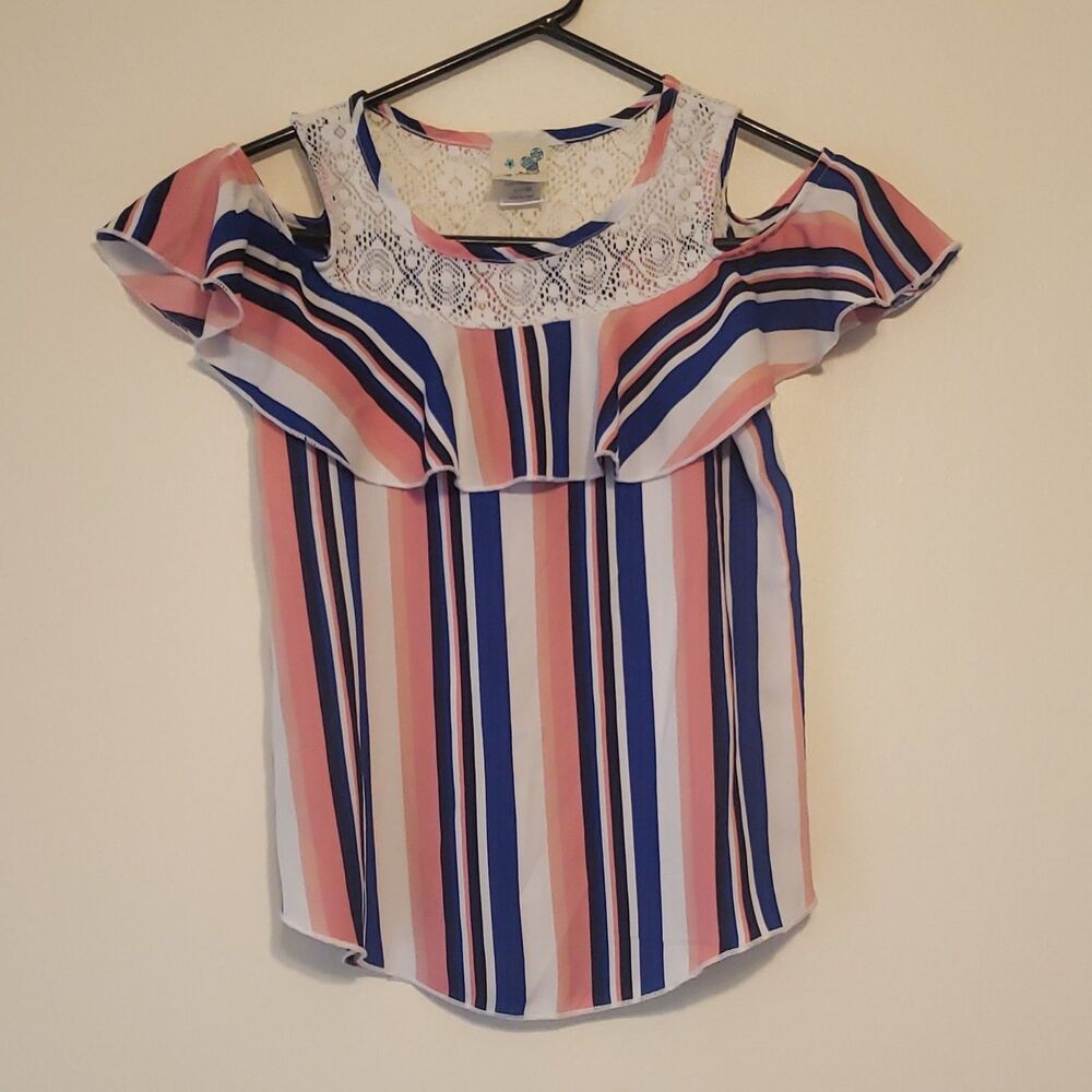 Lily Bleu Blouse Girls Size S/7-8 Summer Top W/ Lace Striped Cold Shoulder Style